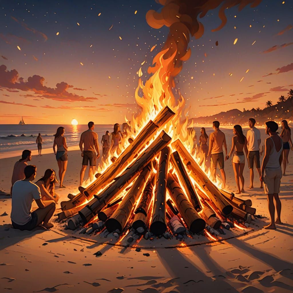 Beach Bonfire with Friends in Fantasy Art Style
