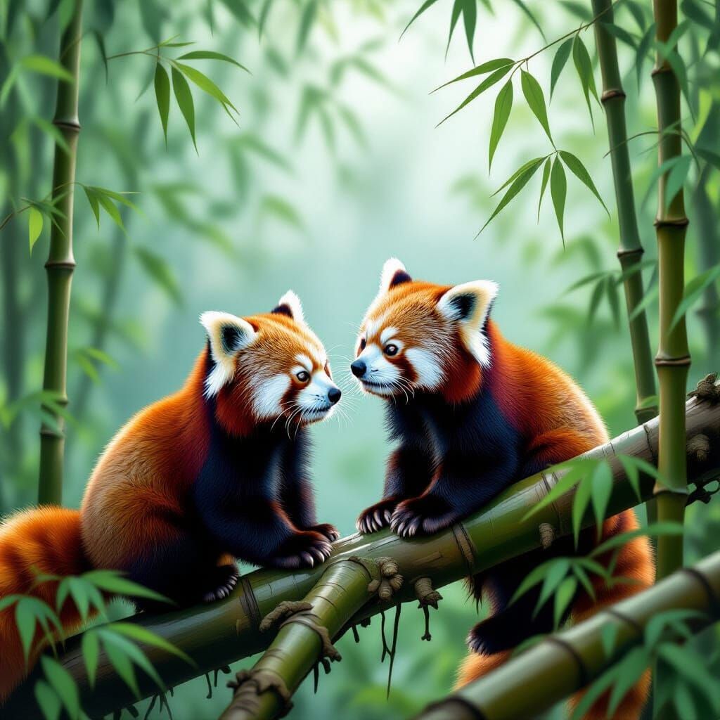 Red Pandas in Misty Bamboo Forest