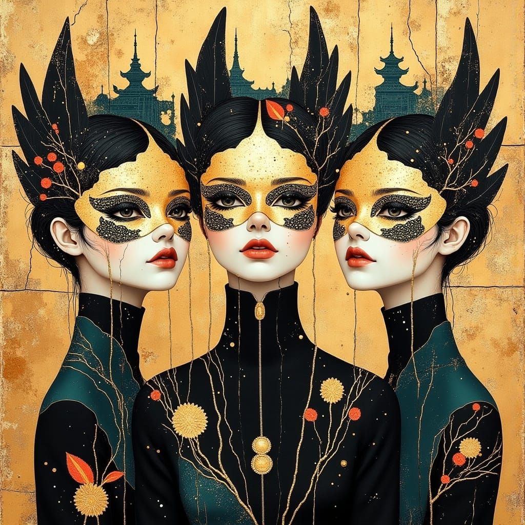 Symmetrical Trio of Mannequins in Elegant Gold and Black Att...