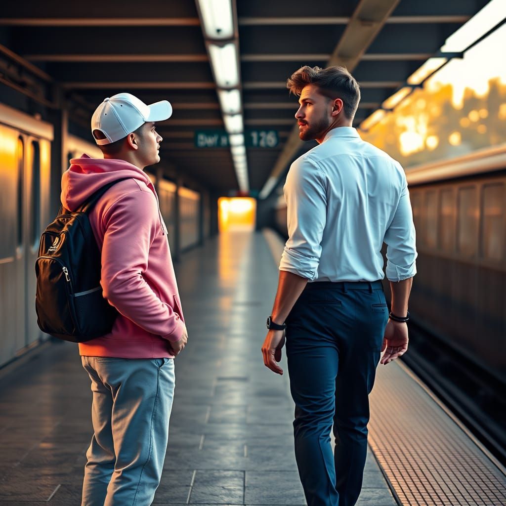 New York Subway Scene with Man in Pink Hoodie