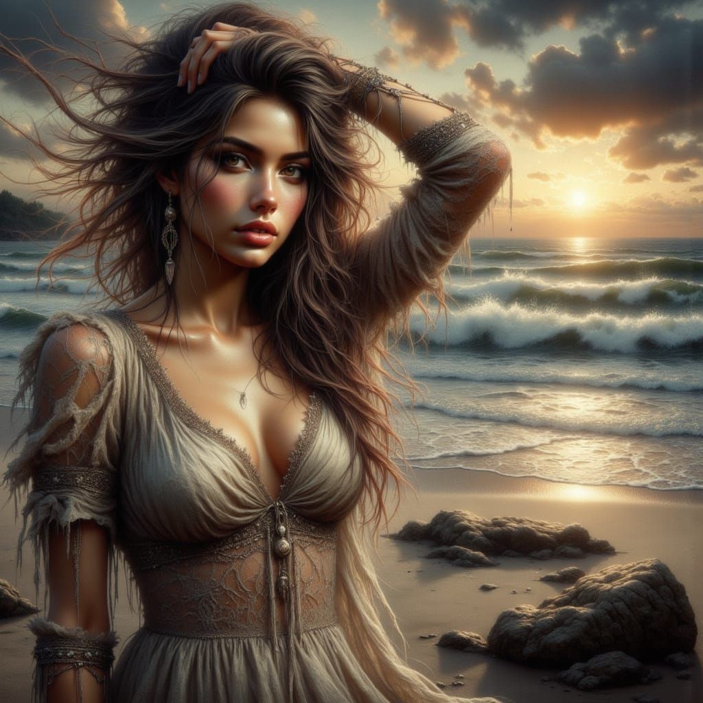 Sensuous Brunette Radiating Majesty in Oil and Grunge