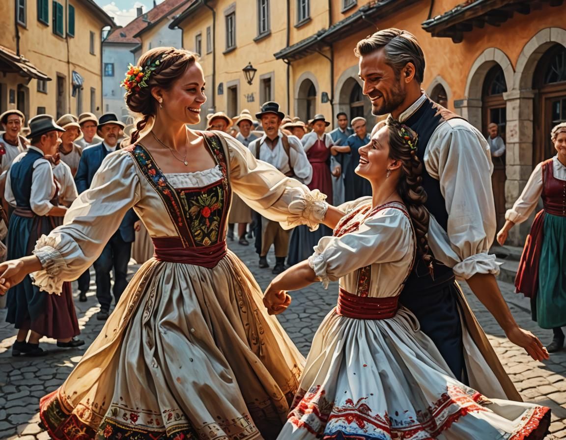 Moravian Woman in Kyjov Dress Dancing, Hyperrealistic Art