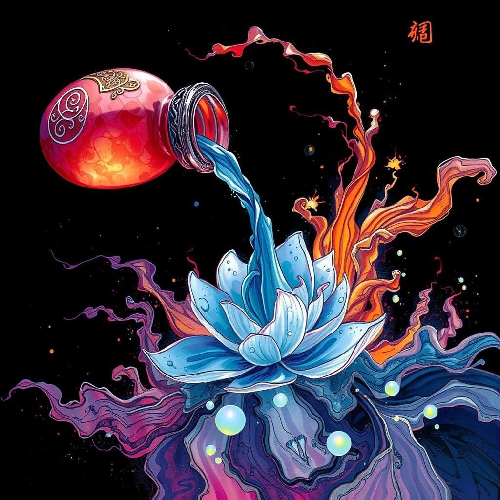 Ink Bottle Pouring Magical Calligraphy Flower