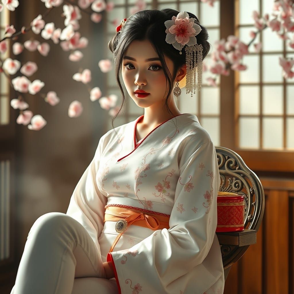 Geisha in Modern Attire with Cherry Blossoms, Loish Style