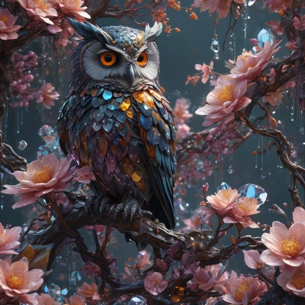Hyperrealistic Crystal Flowers with Opal and Owl