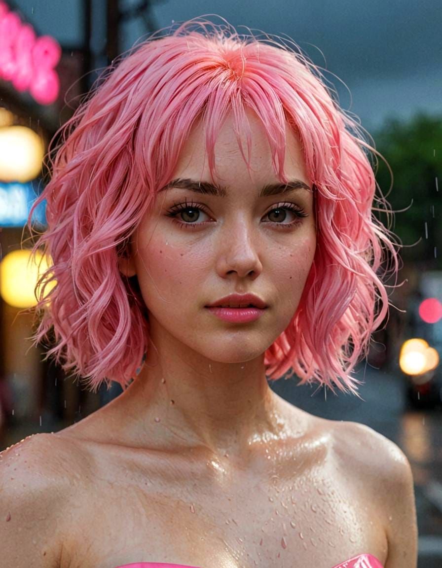 Elegant Woman Dances in the Rain with Vibrant Hair