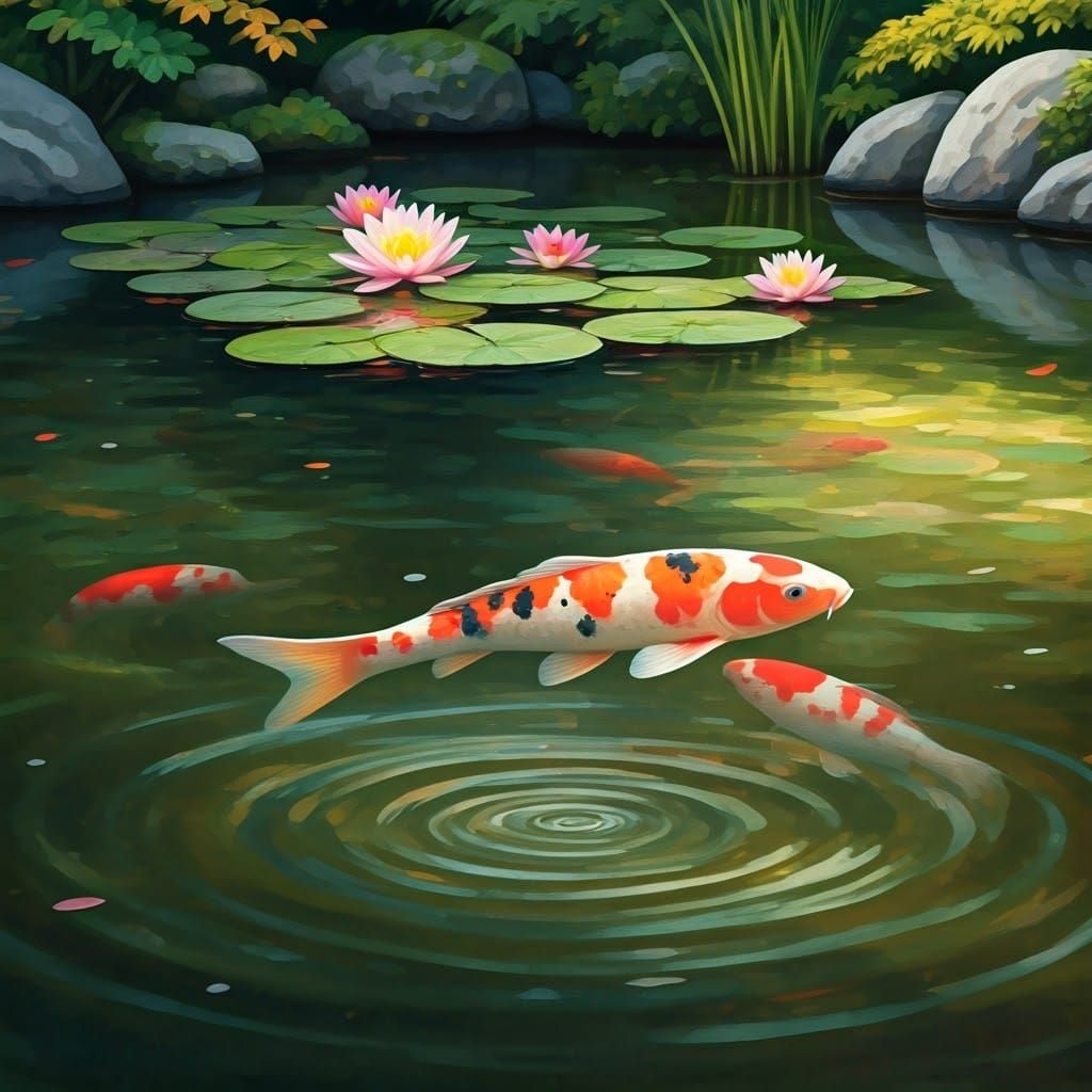 Serenely Swimming Koi Fish in Traditional Japanese Watercolo...