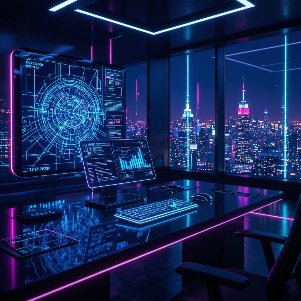 Futuristic Office at Night with Neon Glow