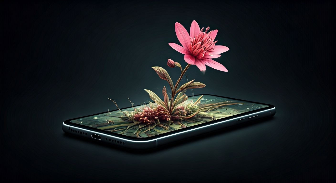 Beautiful tall flower growing out from a smartphone.