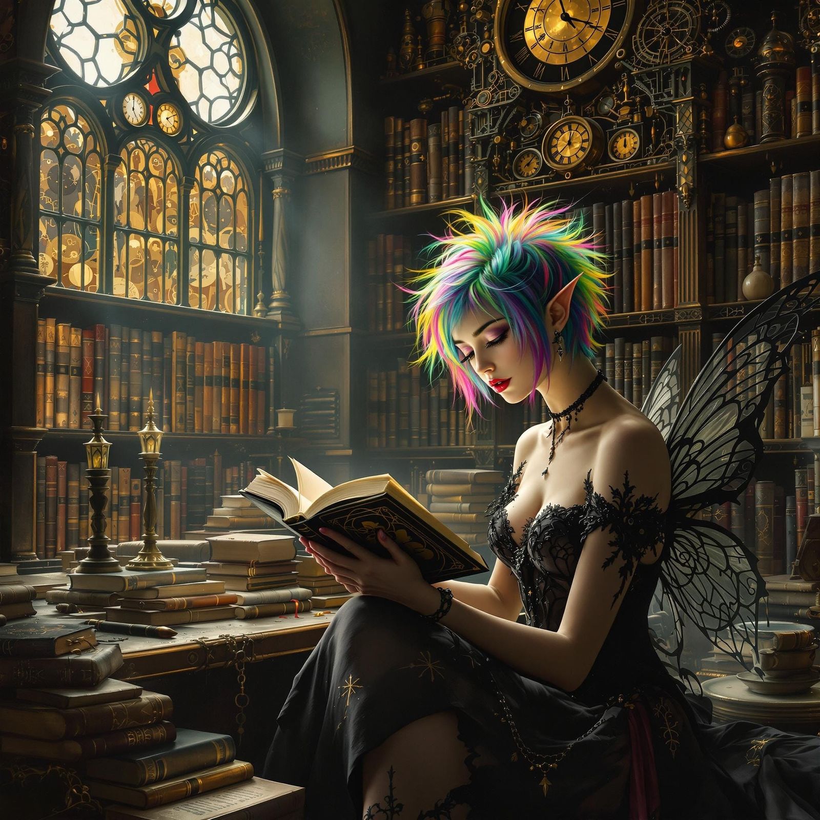 Gothic Fairy in Clockwork Library, Art Nouveau Style