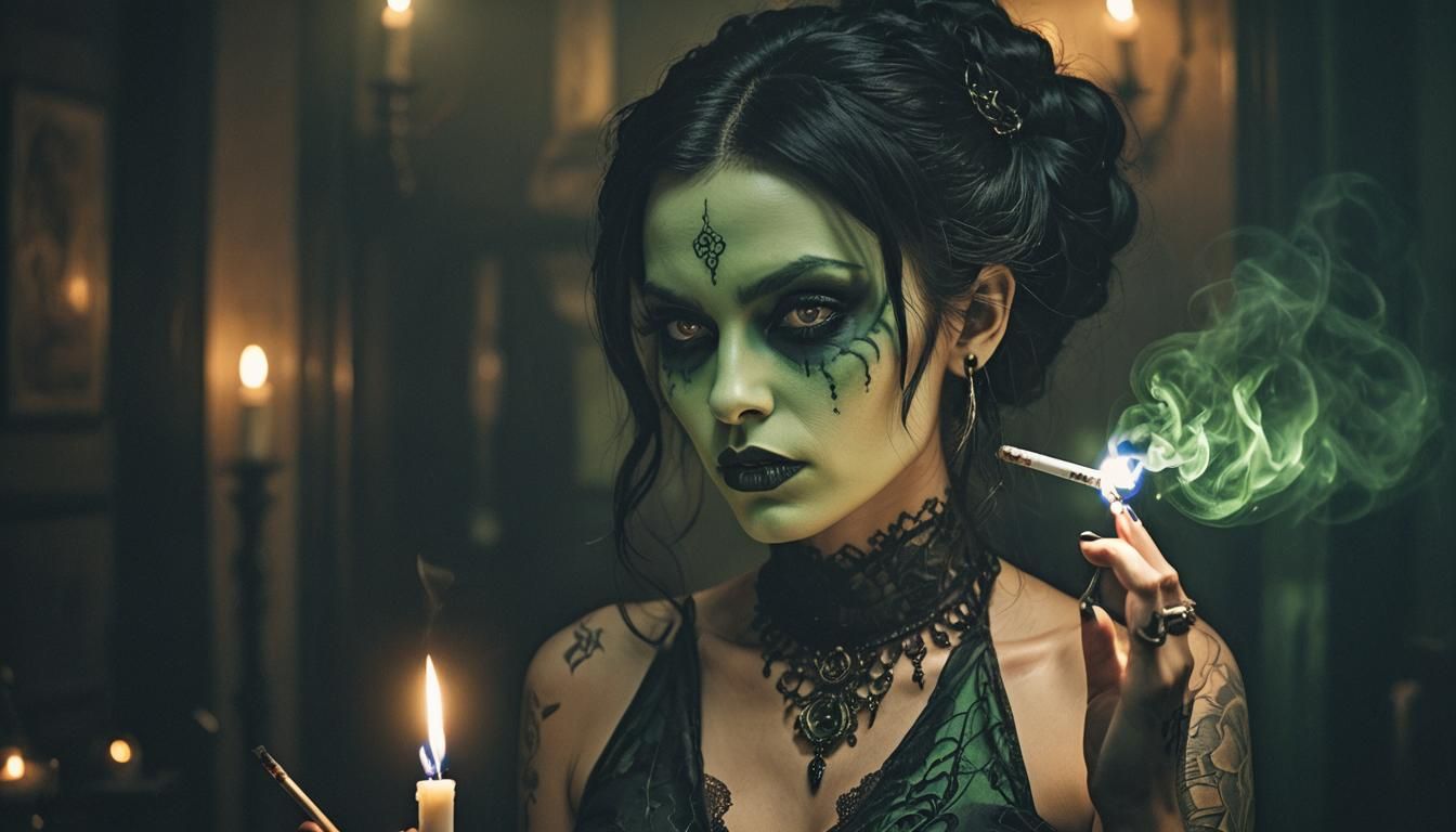 Green Alien Vampire Woman in Gothic Portrait