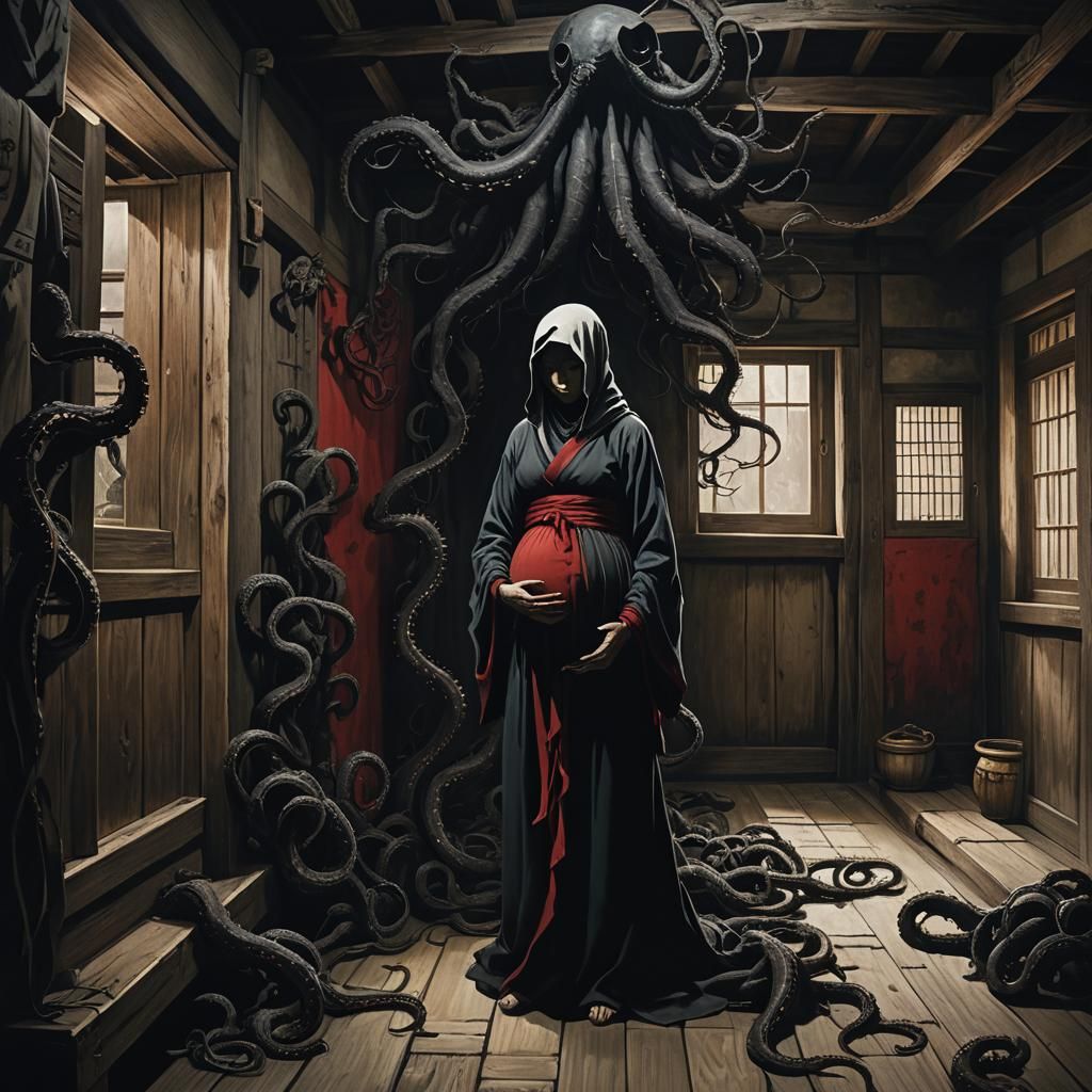 Dark Surrealism: Pregnant Figure in Japanese Village