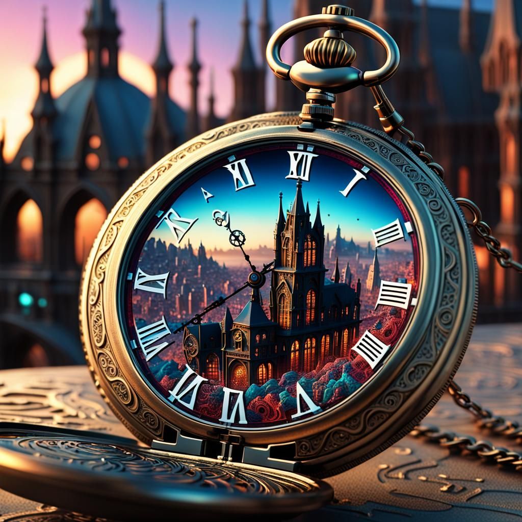a whimsical gothic cityscape, designed within a vintage pocket watch. .