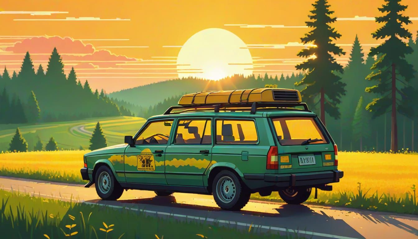 Vibrant Neon Volvo 240 Cruises Summer Countryside