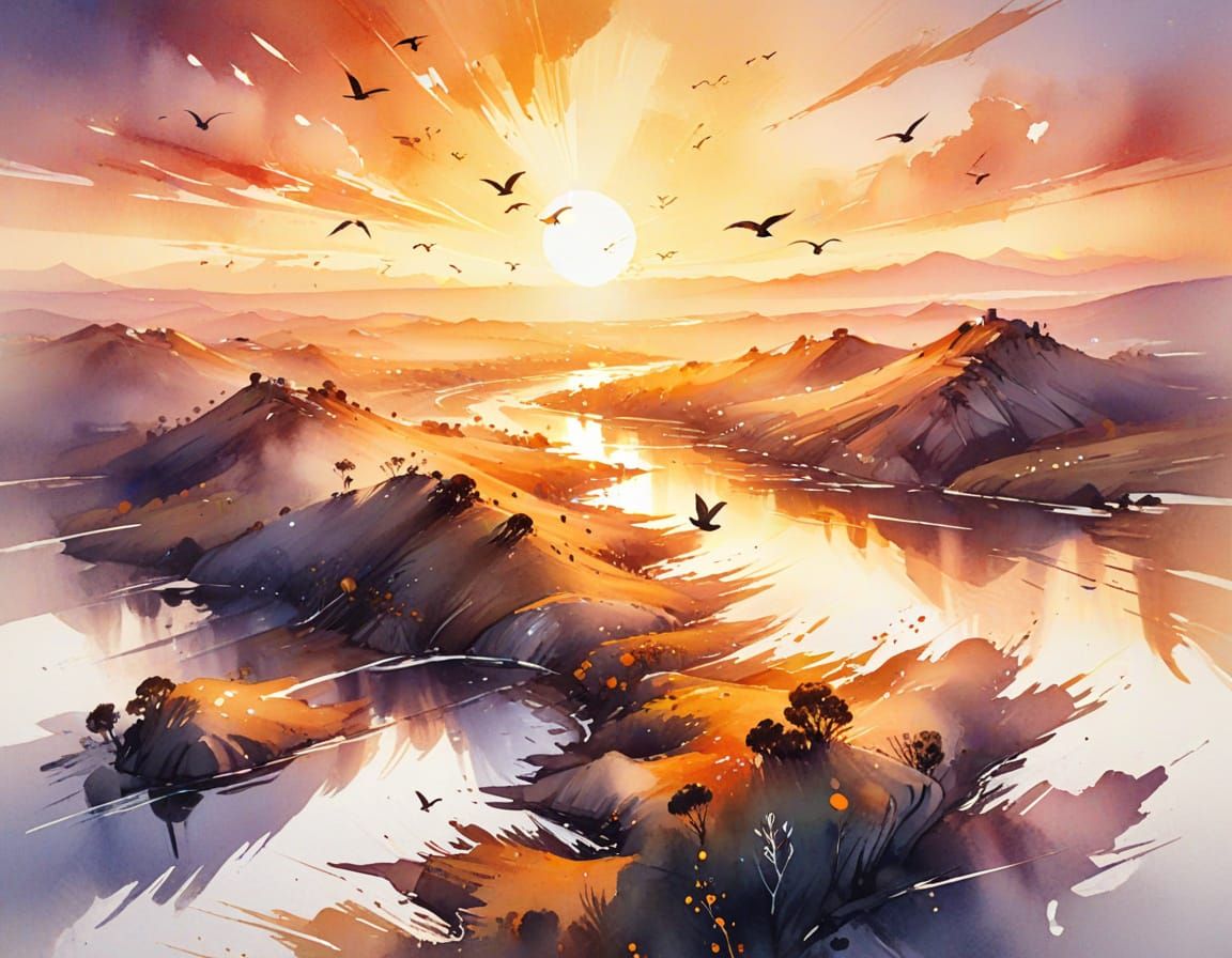 Sunset Bird's Eye View in Watercolour Style