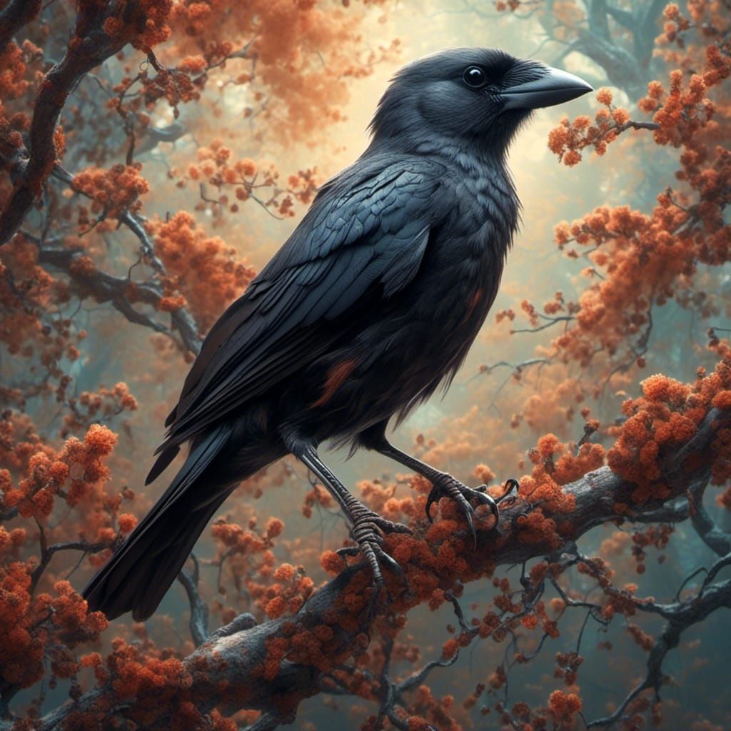 Smart Jackdaw in Colorful Fantasy, Hyperrealism Style