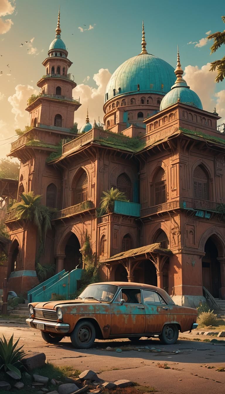 Rusty Car at Ancient Mosque: Digital Matte Painting