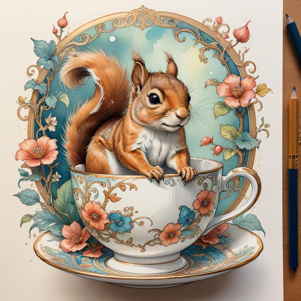 Squirrel in Teacup: Japanese Ink Storybook Illustration