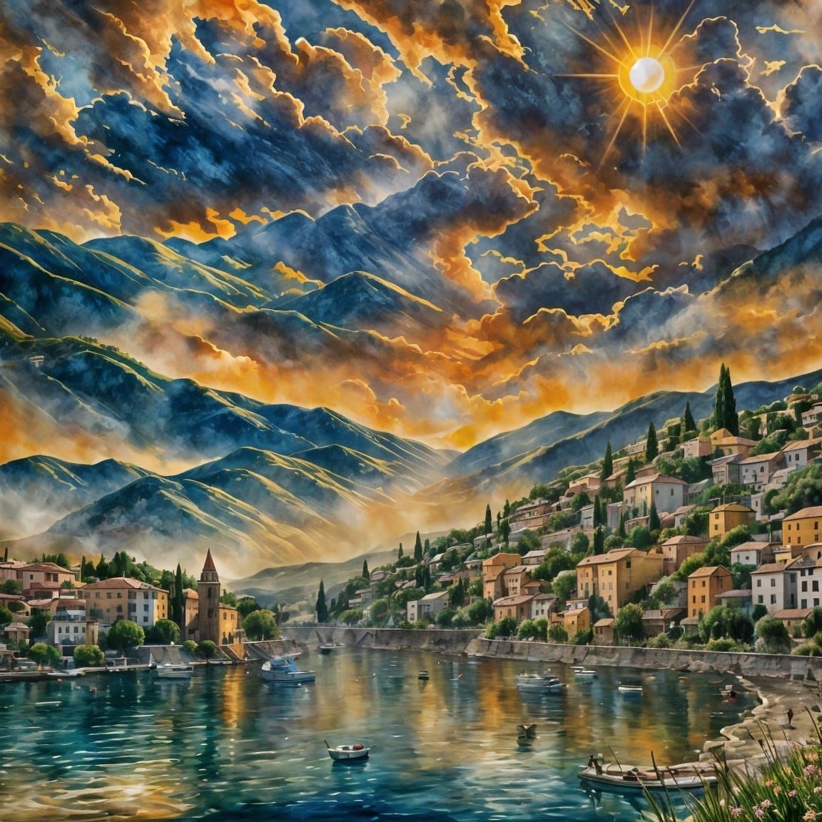 Volcanic Eruption Ink Painting in Dark Fantasy Style