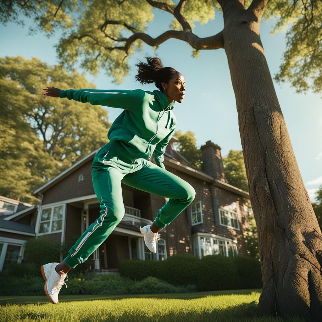 Athletic Woman Jumps Over Tree in 1960s Style