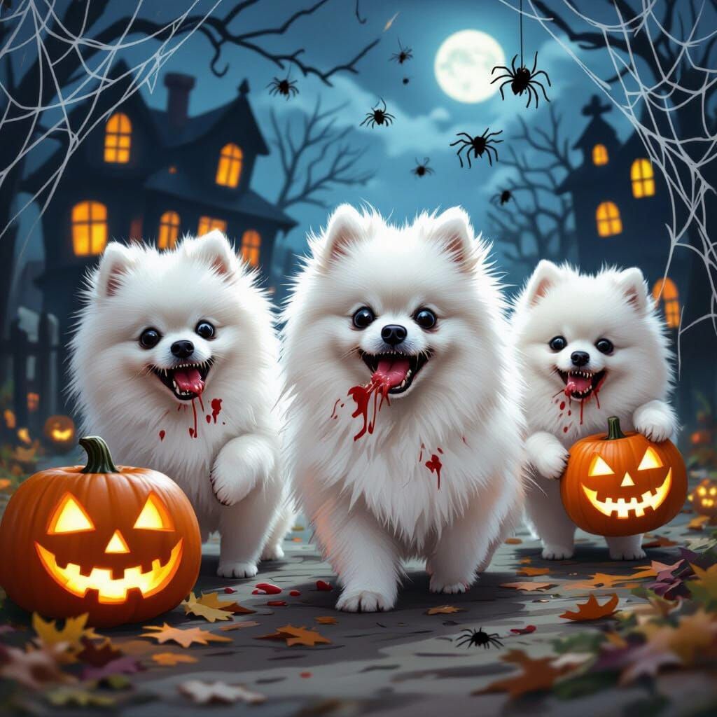 Zombie Pomeranians Trick-or-Treating on Halloween