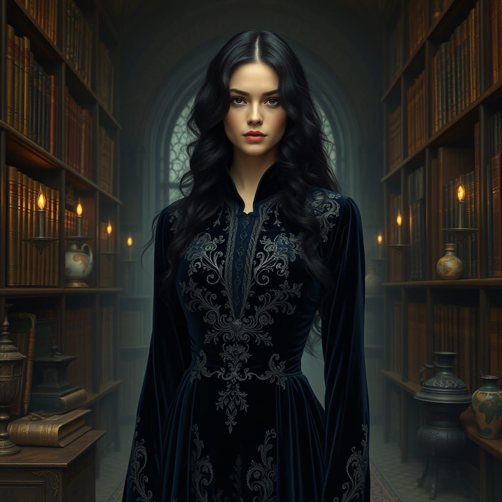 Mysterious Woman in Gothic Library, Art Nouveau Style