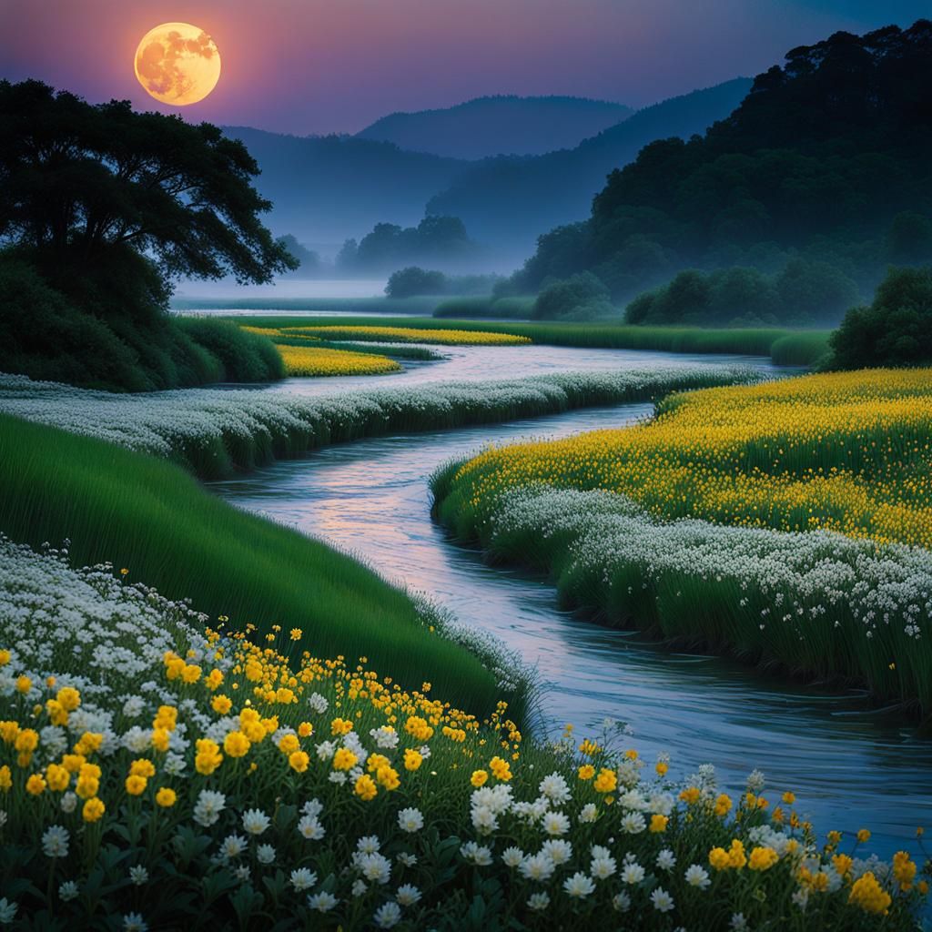 Moonlit River Meets Sea: An Anime-Style Landscape
