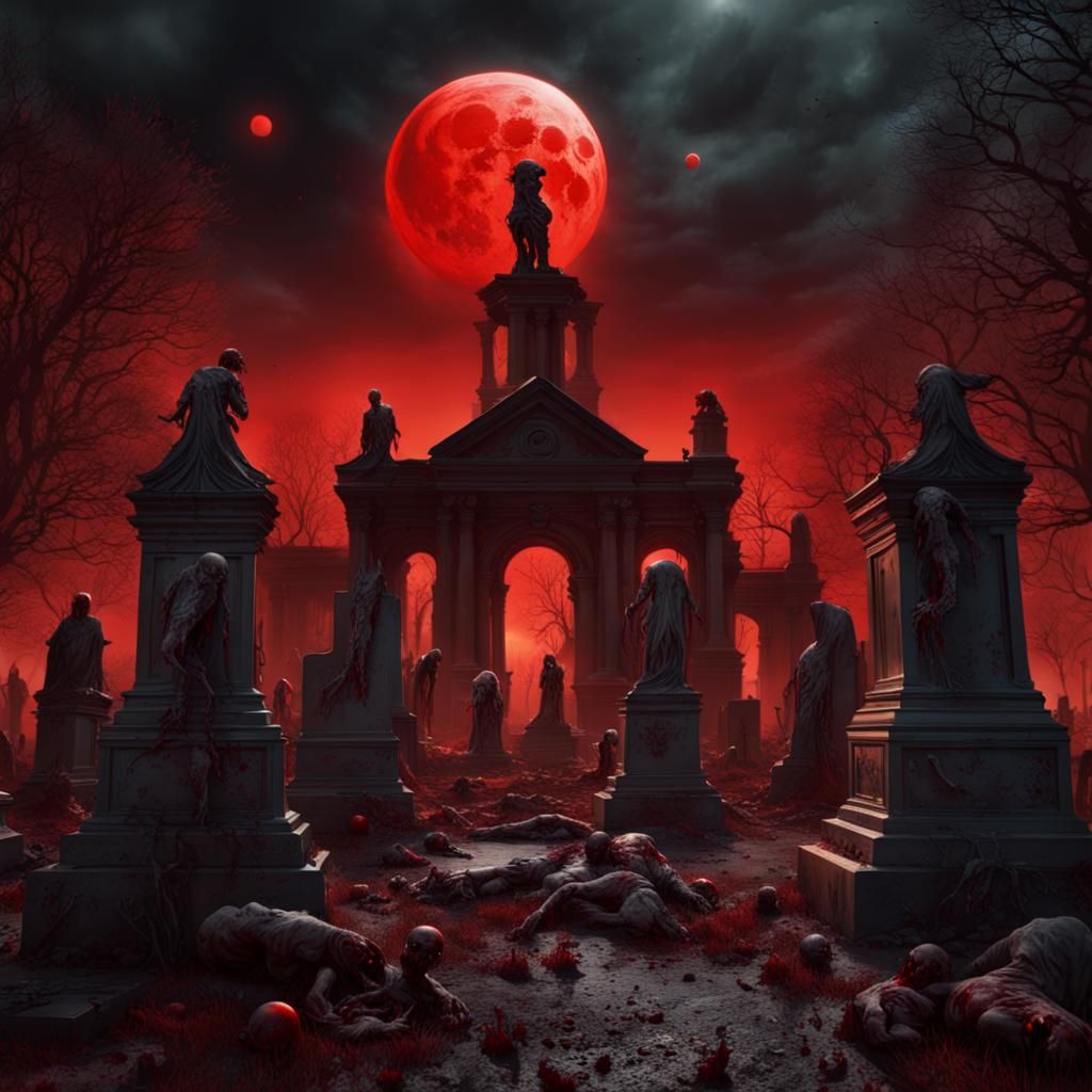 Graveyard Zombies Under Red Moons in Dark Fantasy Style