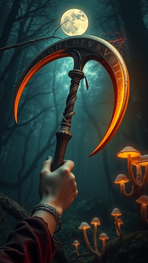 Mystical Scythe in Dystopian Landscape