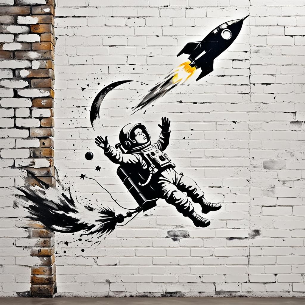 Banksy-Style Boy Rocketing to the Moon