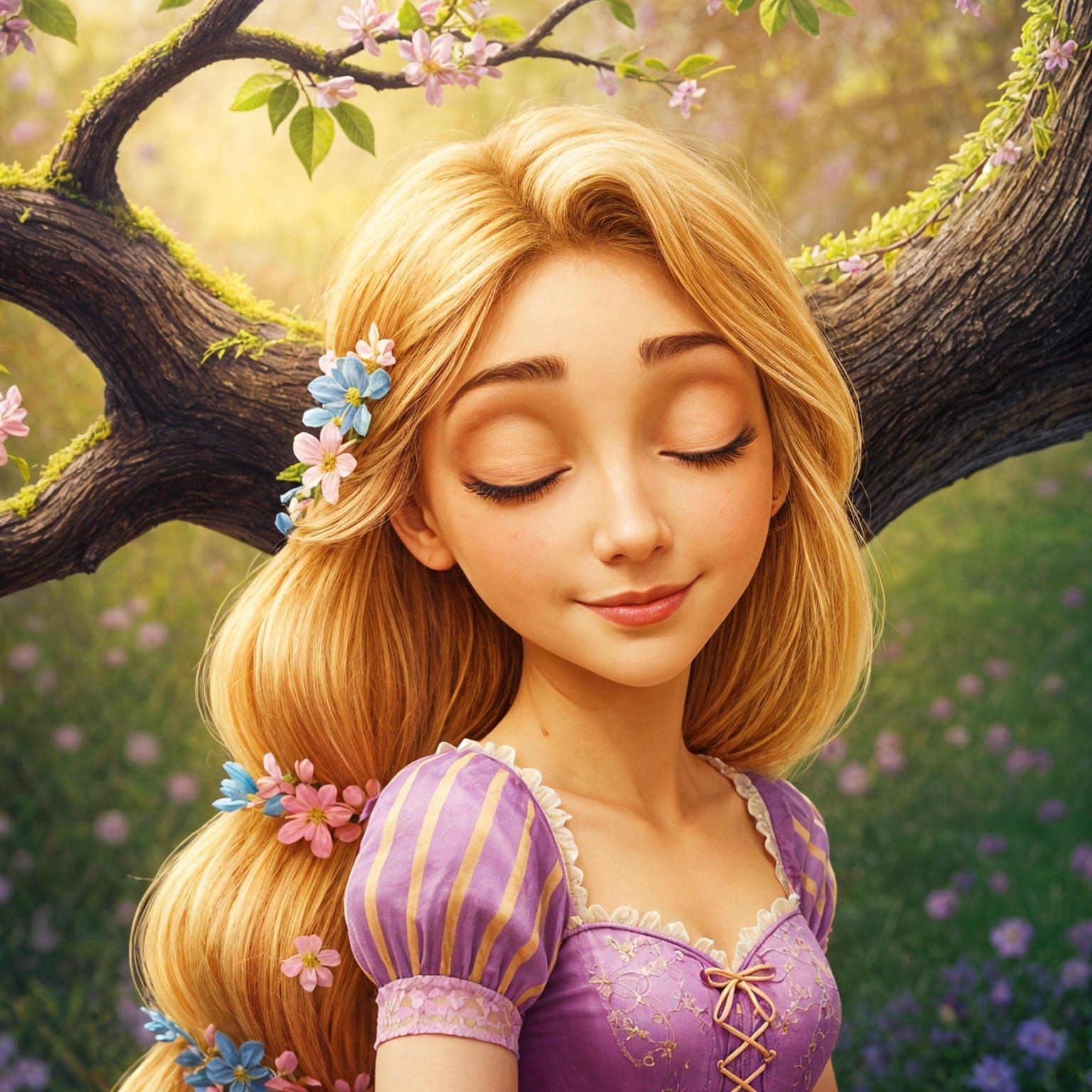 Rapunzel in Spring Tree with Flowers, Digital Art