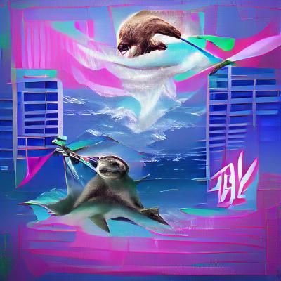 Sloth Versus Shark in Vaporwave Dreamscape