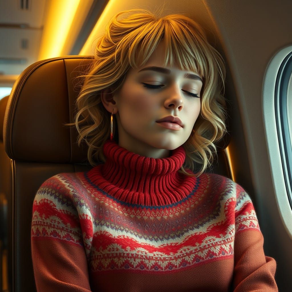 Fantasy Concept Art of a Peaceful Blond Woman in a Plane