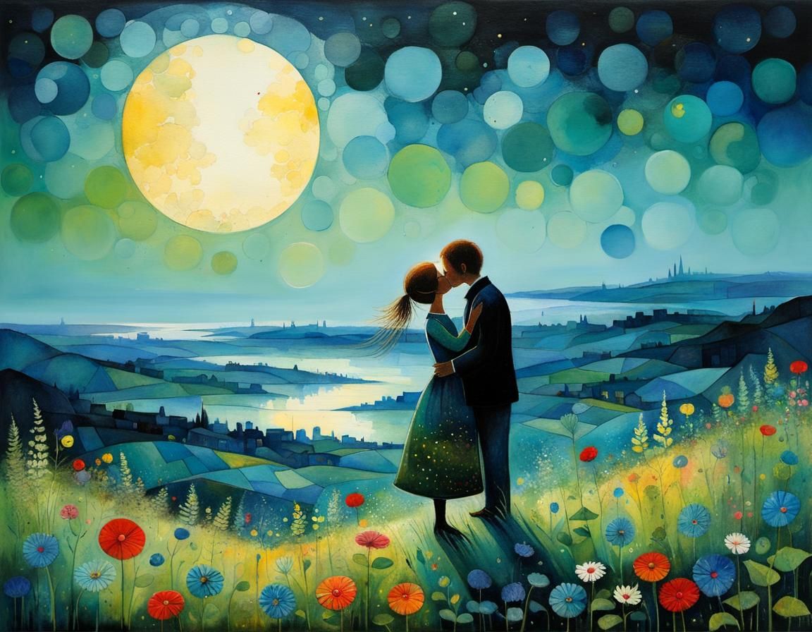 Moonlit First Kiss in Whimsical Patchwork Style