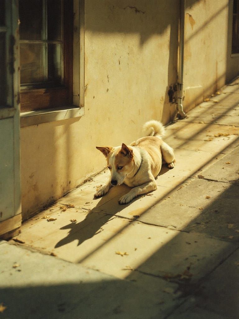 Dog in Sunlit, Aged Landscape