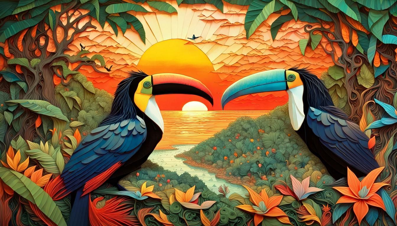 Toucans Party in Jungle at Sunset, Origami Papercraft