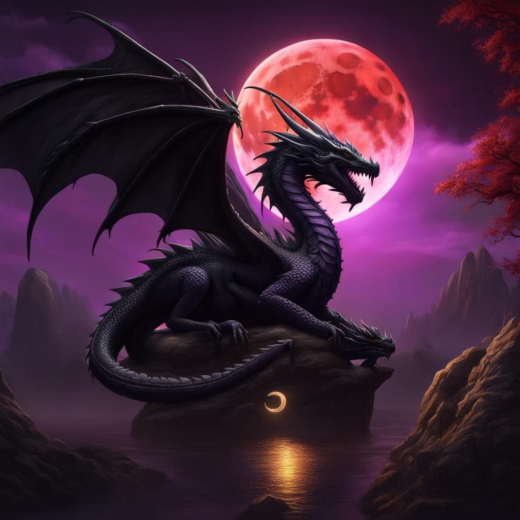 Dragon Cuddles Under a Blood Moon: Fantasy Concept Art