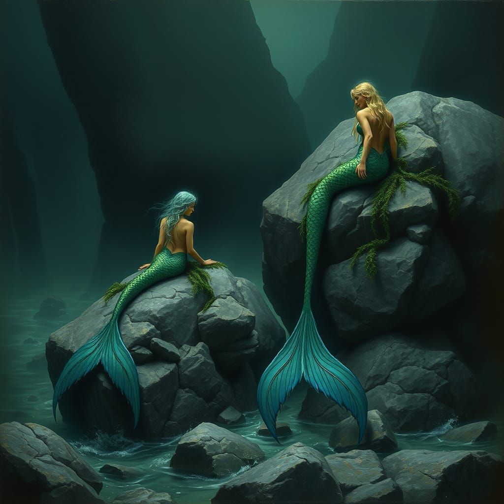Realistic Mermaids with Seaweed in Murky Aquatic Scene