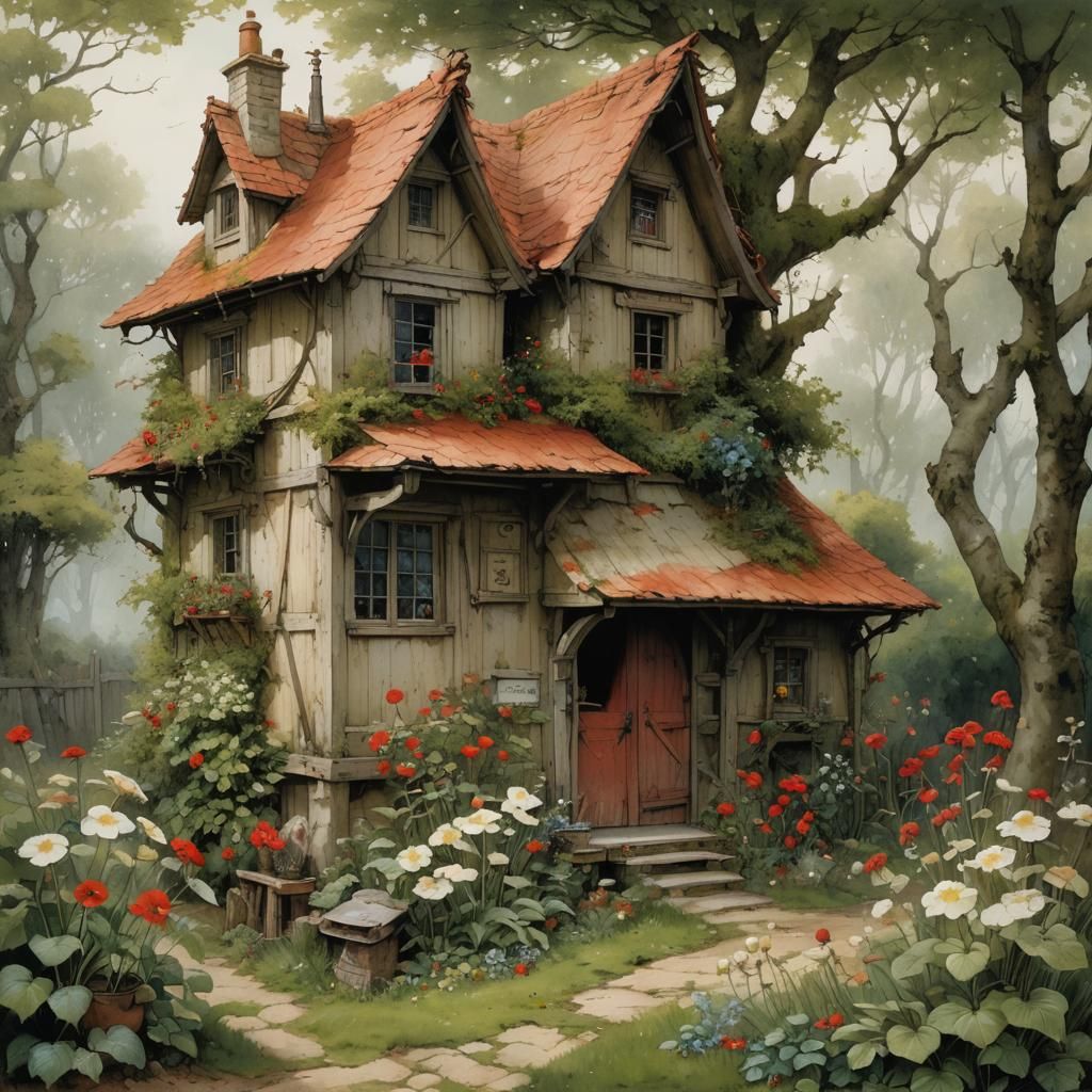 Vintage Red House in Blossoming Garden, Oil Painting