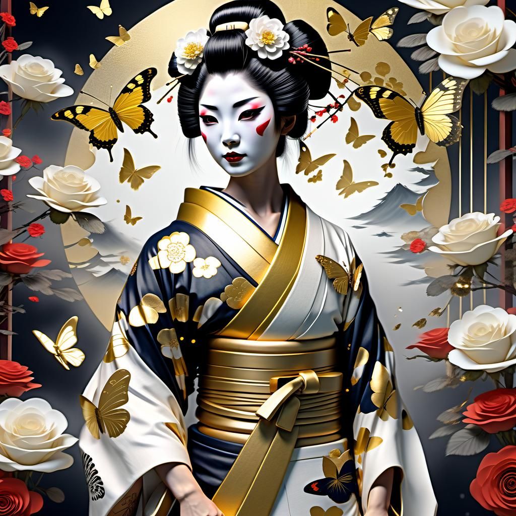 Geisha in Gold Kimono with Roses and Butterflies
