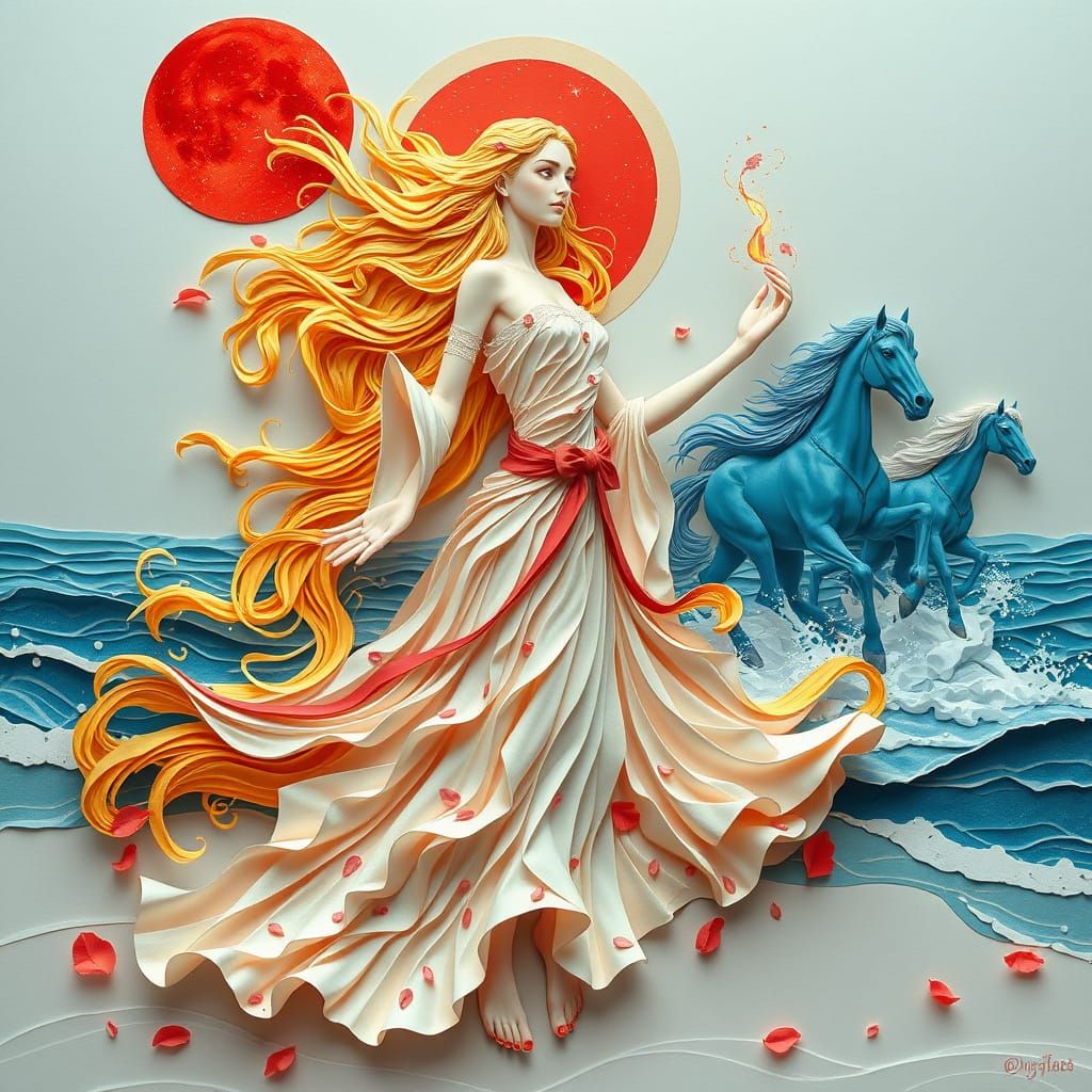 Goddess of the Red Moon, Enveloped in Origami Whispers