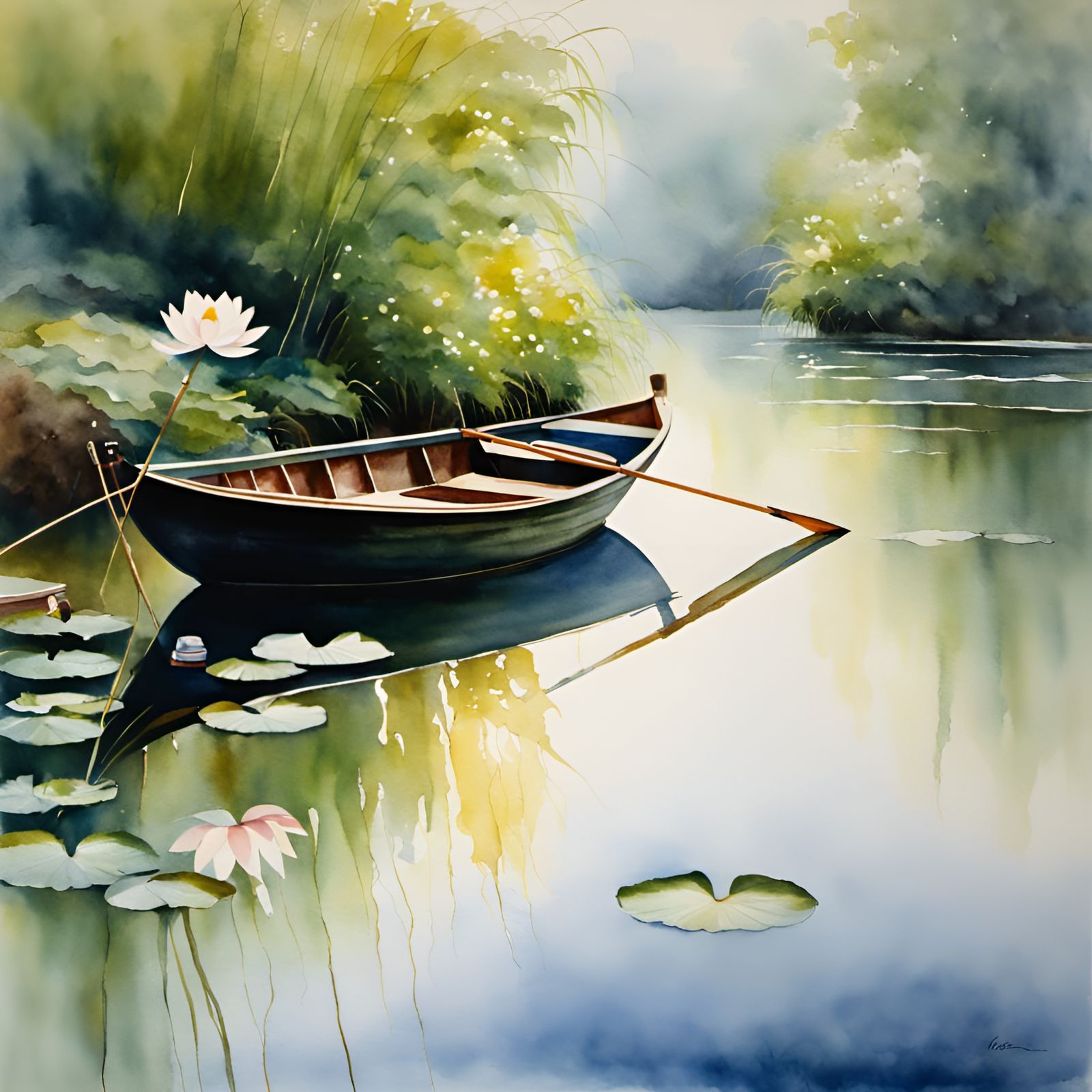 Watercolor Boat Amidst Lotus Flowers