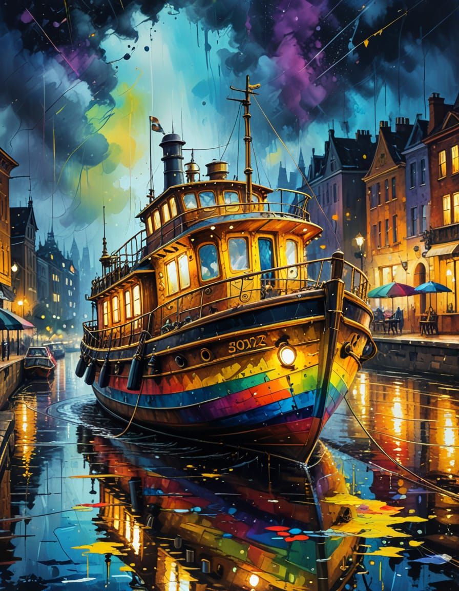Steampunk Boat in Rainbow Dress Amidst Night City