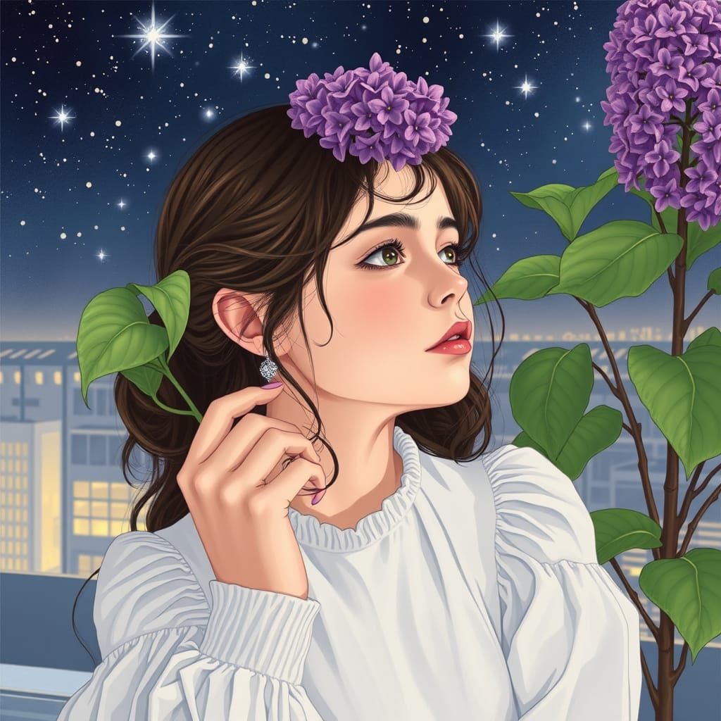 Pensive Girl Gazing at Stars from Penthouse