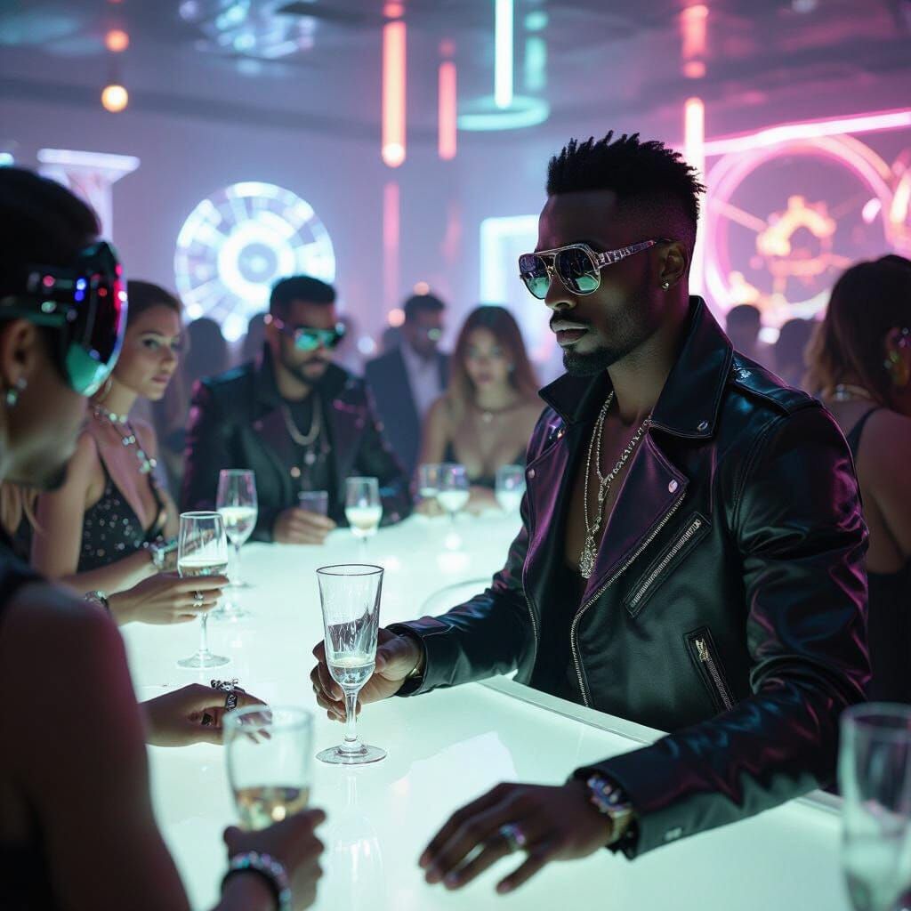 Cyberpunk Party with Black Man in Leather Attire