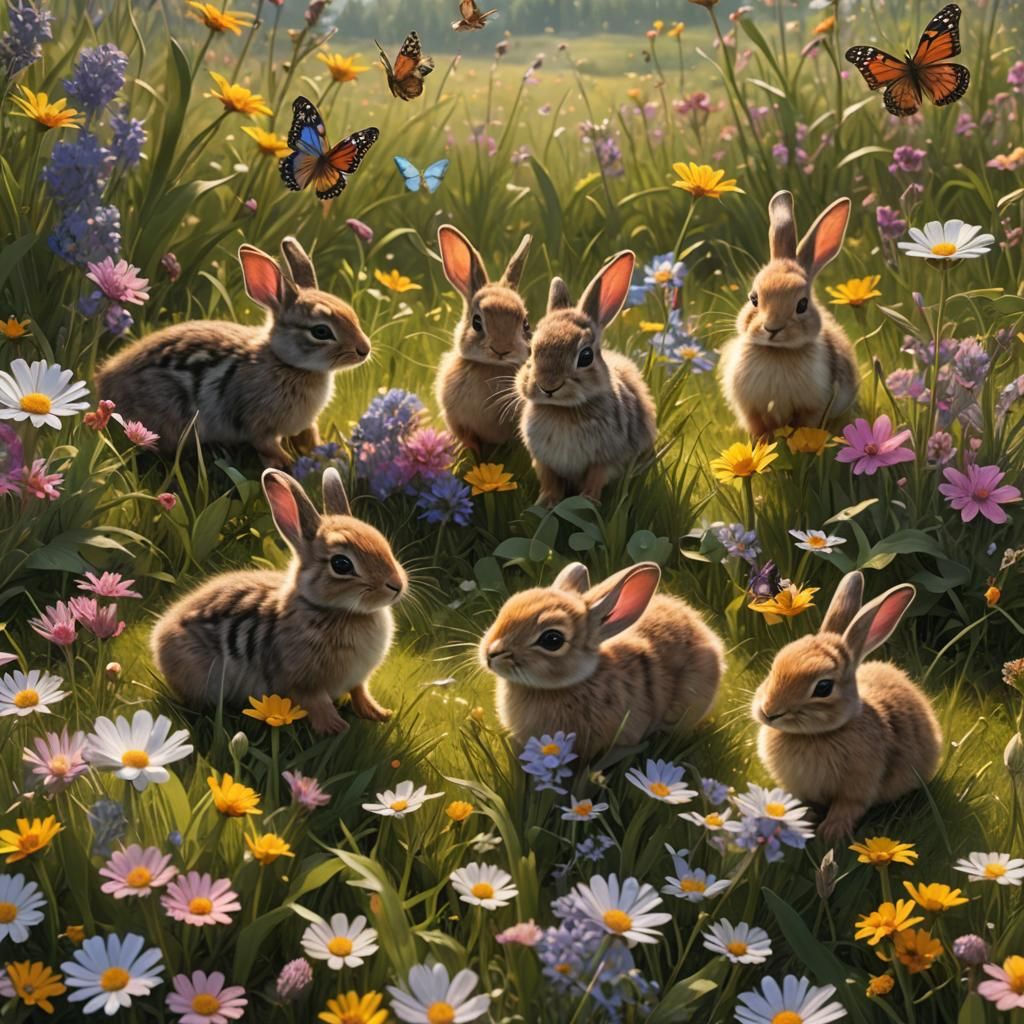 Bunnies and Ducks in a Wildflower Meadow