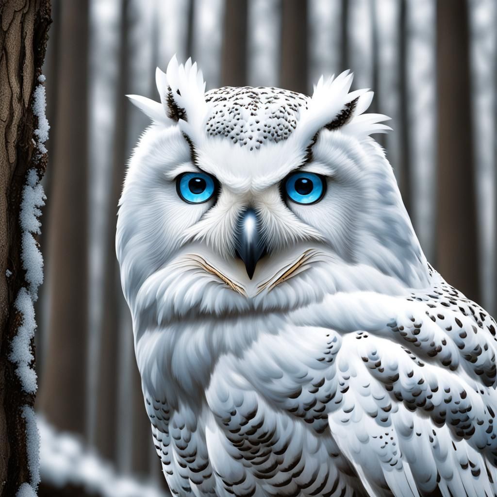 Blue-Eyed Snow Owl in Forest