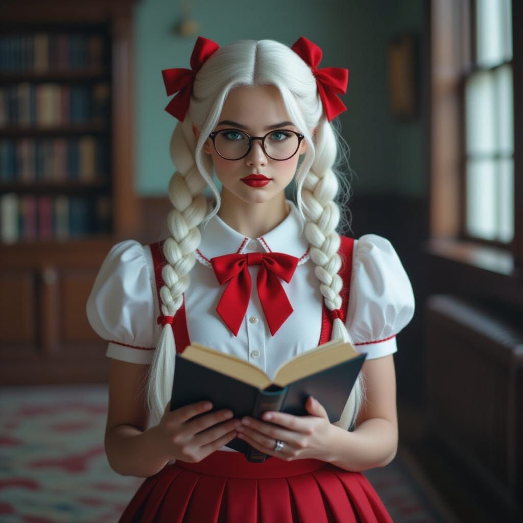 Nerdy Girl with Braided Pigtails and Book