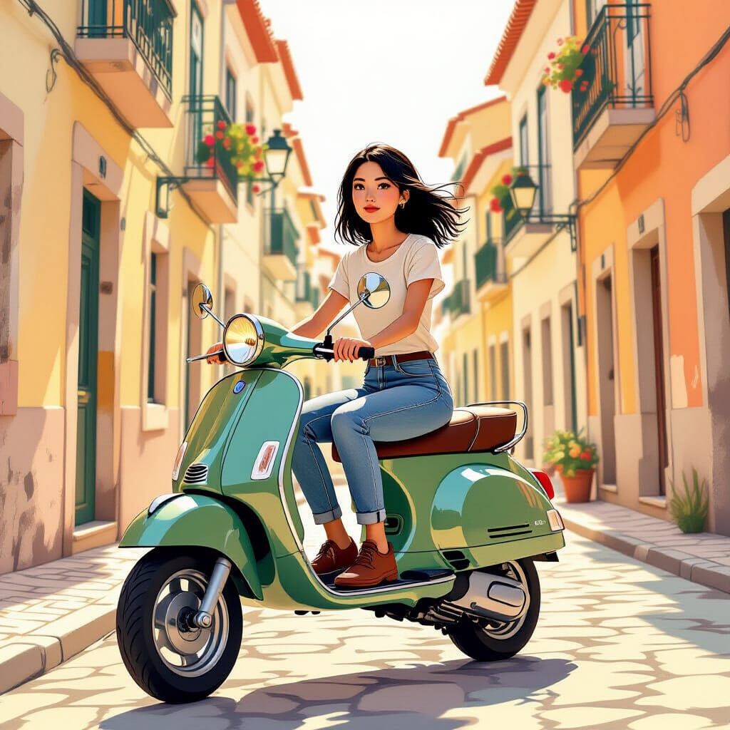 Asian Girl on Scooter in Portugal, Watercolor Style