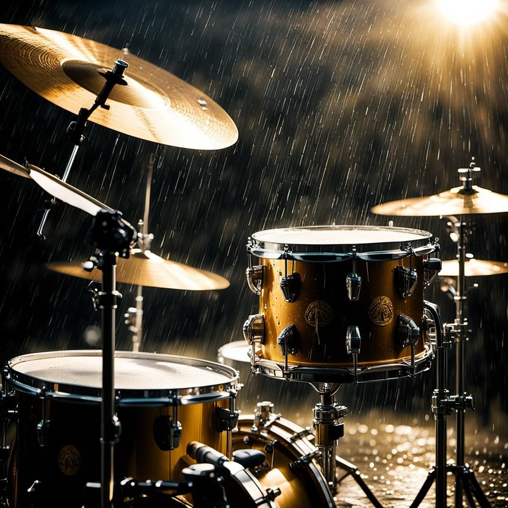 Dramatic Drum Set in Rain with Golden Light